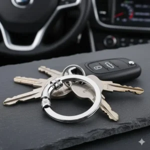 Close-up of a durable metal car key ring, an essential auto keychain accessory.