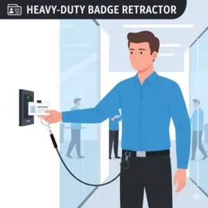 Employee using a heavy-duty retractable key chain to securely display and swipe their ID badge at a card reader.