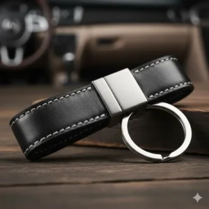 Close-up shot of a classic black leather automotive key ring with durable metal hardware.
