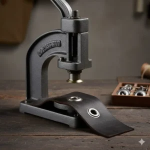 Close-up view of the manual button presser tool head inserting a metal grommet.