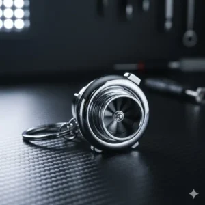 Close-up of a high-quality spinning mini turbo JDM keychain in polished chrome finish.