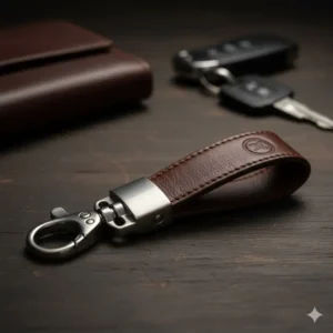 Close-up of a high-quality, premium leather loop design automotive keychains with a stainless steel ring.