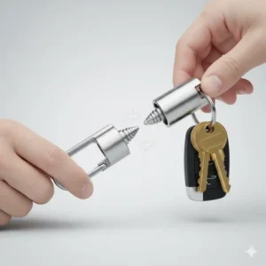 Demonstrating how to use the quick disconnect key ring by easily pulling the two halves apart.