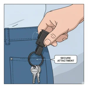 Diagram showing how the quick release key clip easily attaches to a pants belt loop for secure, accessible key carrying.