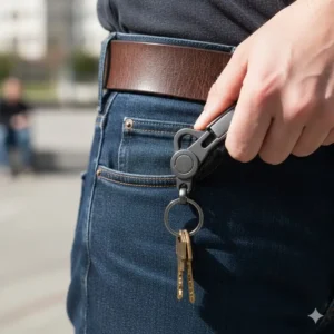 Man attaching the quick release keychain clip to a belt loop, illustrating its convenient hands-free carrying capability.