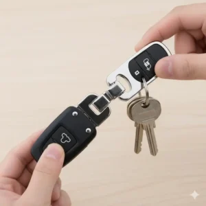 Hand demonstrating the effortless quick release action of the quick release key chain by pulling apart the two halves.