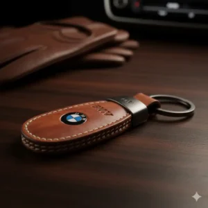 Close-up of a high-quality, genuine leather car keychain with embossed detailing and durable stitching.