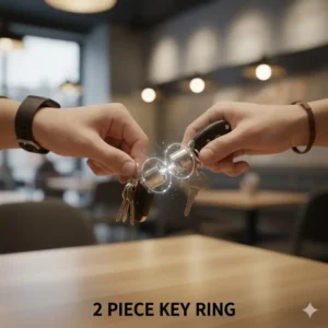 A close-up of two people easily sharing keys using the detachable 2 piece key ring system.