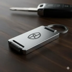 Engraved billet metal logo on durable automotive keychains showcasing a sleek, polished finish.
