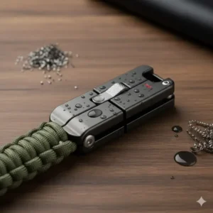 A high-quality photo of a durable, rust-proof quick release keychain made from aircraft-grade aluminum or stainless steel.