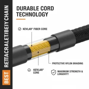 A clear illustration highlighting the durable, Kevlar cord used in a high-quality, durable retractable key chain for longevity.