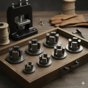 A set of interchangeable dies used with the universal button presser tool for various button sizes.