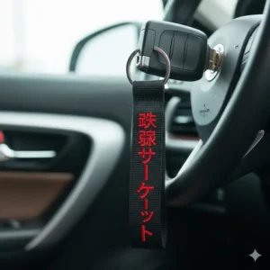 A popular fabric JDM key tag and lanyard style keychain with Japanese text hanging from an ignition key.
