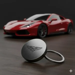 Engraved metal key ring featuring a popular car manufacturer's logo, perfect for an automotive enthusiast.