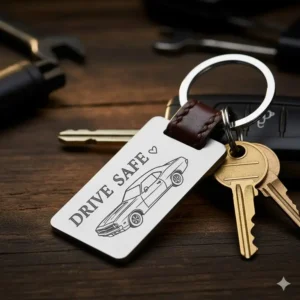 Example of a personalized keychain auto accessory with custom engraving.