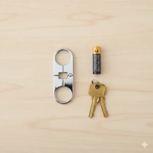 Quick release key chain next to a standard AA battery or house key to illustrate its compact size and portability.