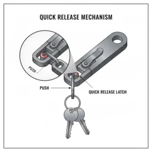 Detailed illustration highlighting the quick release key clip mechanism that separates the key ring from the main clip.