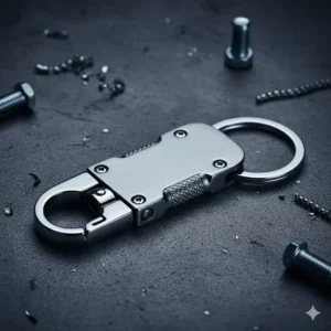 A robust, heavy-duty metal car keychain made of stainless steel with a quick-release mechanism for easy detachment.