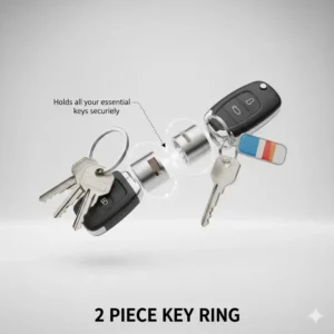 Demonstrating the capacity of the 2 piece key ring, holding multiple house and car keys securely.