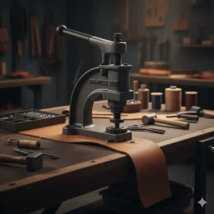 Sturdy bench-mount button presser tool securely fastened to a workbench for high-volume production.