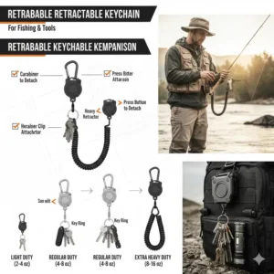 Side view of a carabiner retractable key chain with a convenient carabiner clip attachment, ideal for quickly securing to bags or gear.