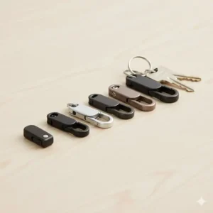 A comparison shot of a set of quick release keychain clips in various sizes and colors, demonstrating the available product options.