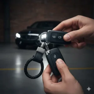 Hands holding an automotive key ring attached to a modern keyless entry car fob.