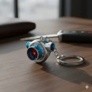 Fun novelty item shaped like a miniature car part, appealing to fans of automotive keychains.