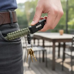 Showing the quick release keychain attached to a belt loop or bag, demonstrating its convenience for everyday carry (EDC).