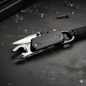 A compact multi-tool car keychain featuring a small knife, bottle opener, and emergency window breaker.