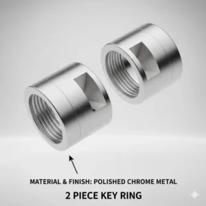 Detail shot highlighting the polished chrome finish and durable metal construction of the 2 piece key ring.