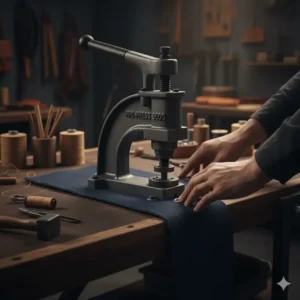 Hands operating the button presser tool to attach a snap button onto denim fabric.