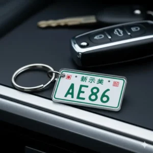 An acrylic classic JDM license plate keychain personalized with the text "AE86".