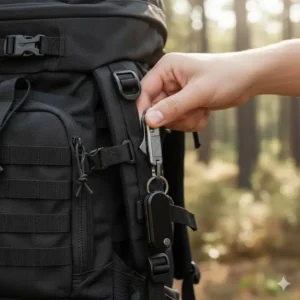 An image of a heavy-duty, tactical style quick release keychain clip being used to secure gear to a backpack strap.
