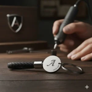 A custom automotive key ring with an initial or personalized message engraved on the surface.