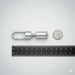 A size reference image showing the compact size of the quick disconnect key ring.