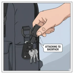 Illustration demonstrating the quick release key clip being attached to a backpack D-ring for quick access to car keys.
