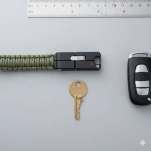 An illustration showing the compact size of the best quick release keychain next to a standard house key for scale.