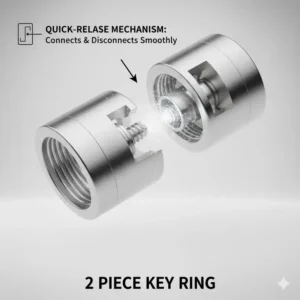 Close-up view of the quick-release mechanism, showing how the 2 piece key ring connects and disconnects smoothly.