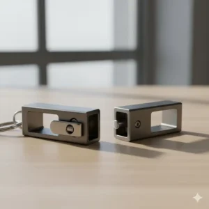 Close-up showing the two separate, interlocking parts of the detachable keychain clip before they are joined, emphasizing the design.