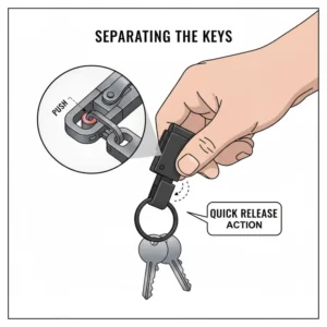 Graphic showing a hand activating the quick release key clip function to detach only the essential keys from the main clip.