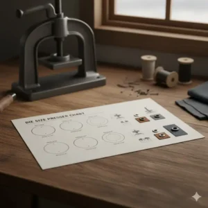 Diagram showing a size chart for different dies compatible with the button presser tool.