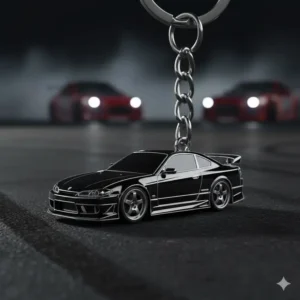 JDM keychain featuring a stylized drift car silhouette charm, popular with enthusiasts.