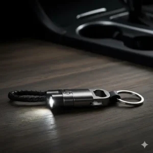 A compact, multi-functional automotive key ring that includes a small bottle opener or mini-light utility.