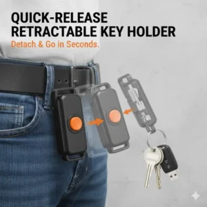 Diagram showing the quick-release retractable key chain mechanism on a key holder, allowing users to detach keys without unhooking the entire unit.