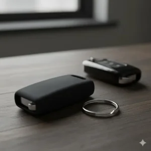 Protective silicone car key fob cover next to a standard ring used for automotive keychains.