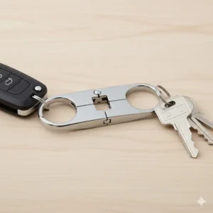 The two-part key system organizing a car key fob and a set of office keys on the quick release key chain loop.