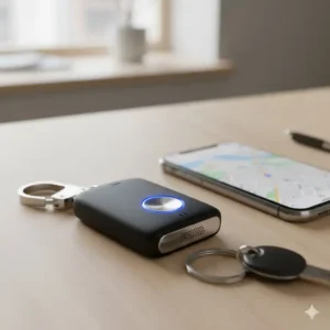 A modern, smart car keychain with Bluetooth tracking capabilities and a built-in light to help locate lost keys.