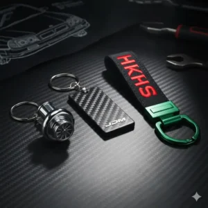 Group of three durable keychains showing different materials: metal, carbon fiber, and embroidered fabric JDM keychains.