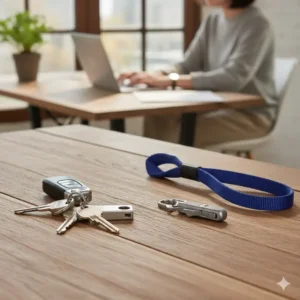 Lifestyle image showing the versatile uses of the clip, like holding a USB drive or dog leash in addition to a set of keys.